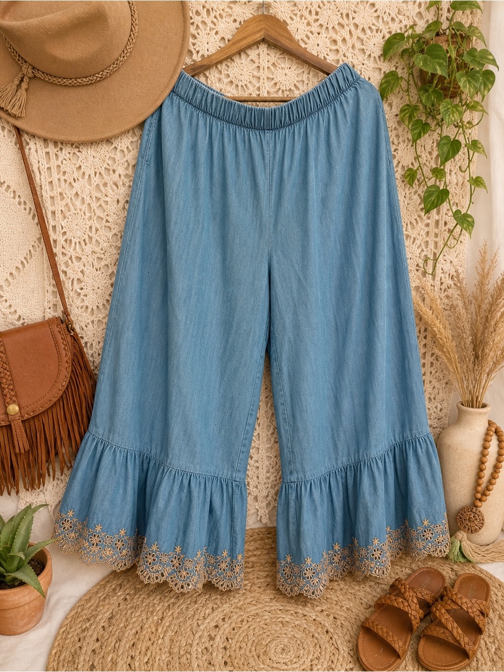 Cato Light Blue Chambray Ruffle hem Cropped Pants